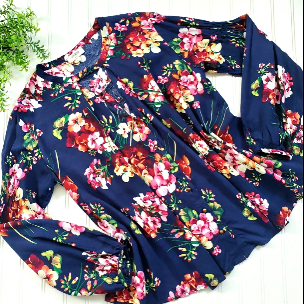 Umgee Choker Top Oversized Floral Boho Navy size Small